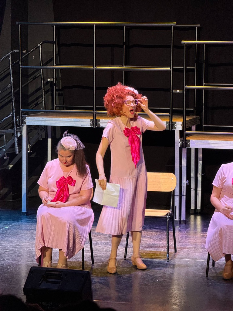 On stage in a pink costume during a musical performance